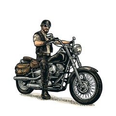 Poster - Biker riding a motorcycle. Vector engraved illustration