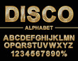 Golden shiny mosaic in disco ball style. Alphabet font and numbers.