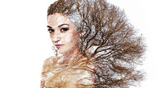 Double Exposure Portrait Of Attractive Woman Combined With Photograph Of Tree Or Branches, Surreal Portrait Of A Young Girl With Multiple Exposure Effect