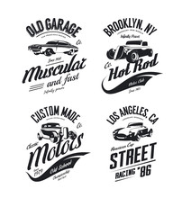 Vintage Roadster, Custom Hot Rod And Muscle Car Vector Tee-shirt Logo Isolated Set.
Premium Quality Old Sport Vehicle Logotype T-shirt Emblem Illustration. 
