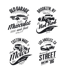 Wall Mural - Vintage roadster, custom hot rod and muscle car vector tee-shirt logo isolated set.
Premium quality old sport vehicle logotype t-shirt emblem illustration. 