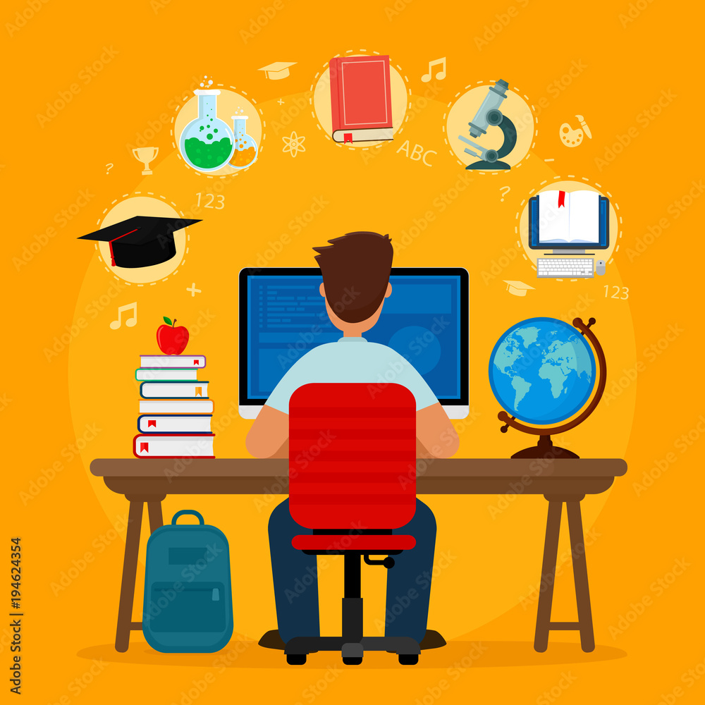 Student sitting at desk in online learning process on orange background ...