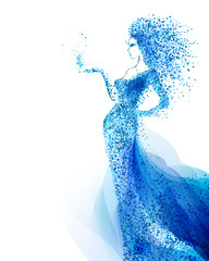 Fotomurales - Blue decorative composition with girl on the white background. Cyan particles formed abstract woman figure.