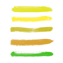 Set Of Yellow, Goldenrod, Chartreuse, Mustard, Olive, Green, Brown Vector Watercolor Hand Paint Gradient Stripes, Isolated. Collection Of Acrylic Dry Brush Stains, Strokes, Geometric Horizontal Lines