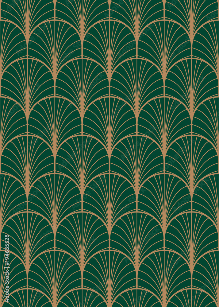 Art deco geometric seamless vector pattern. Gold and green peacock abstract feathers texture. - obrazy, fototapety, plakaty 