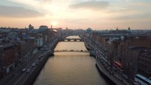 Aerial View Of City Center Of Dublin With River Liffey During Sunset