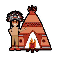 Sticker - teepee home with person native american icon image vector illustration design 