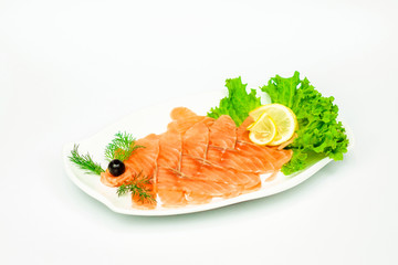 salmon slices on a white background