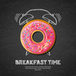 Tasty pink glazed donut, letters and hand drawn watercolor alarm clock on textured black board slate background. Vector design for breakfast menu, cafe, bakery. Fast food background.