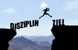 Mann springt über Abgrund mit Beschriftung Disziplin/Ziel.