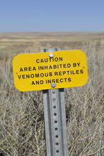 USA, Arizona, Caution Area Inhabited By Venomous Reptiles And Insects Sign, Homolovi State Park