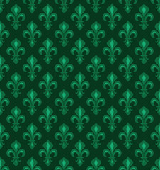 royal heraldic lilies (fleur-de-lis) — emerald green velvet, seamless pattern, wallpaper background.