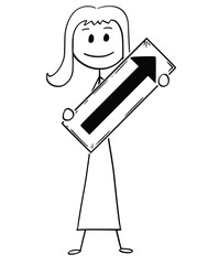 Poster - Cartoon stick man drawing conceptual illustration of businesswoman or woman holding arrow sign pointing right and up.