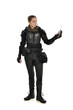 © faestock - full length portrait of female  soldier wearing black  tactical armour, holding a remote control, isolated on white studio background.