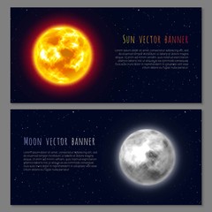 Wall Mural - Two cards, moon, sun, night background, copy space, realistic. Flyers and posters on cosmos theme, design for all. Vector illustration on astronomical matter