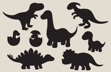 Vector Illustration Of Dinosaur Silhouette Including Stegosaurus, Brontosaurus, Velociraptor, Triceratops, Tyrannosaurus Rex, And Spinosaurus.