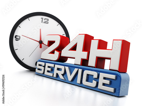 Fotografia, Obraz 24 hours open text and clock isolated on white background