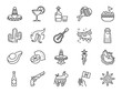 Mexican line icon set. Included the icons as maracas, piñata, traditional hat, nacho, spicy sauce, cactus, flamenco dance, liquor and more.