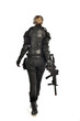 © faestock - full length portrait of female  soldier wearing black  tactical armour, standing  with back to the camera holding a gun, isolated on white studio background.