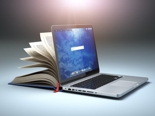 Poster - Online library or E-learning concept. Open laptop and book compilation.