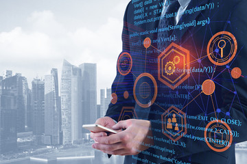 Poster - Businessman using smartphone with HTML code