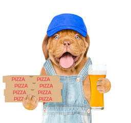 Poster - Funny pizza delivery dog with pizza boxes and beer. isolated on white background