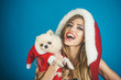 © Svitlana - Santa girl celebrates Christmas with dog. Cute girl wearing Santa hat. Happy smiling woman holding dog. Christmas and New Year celebration.