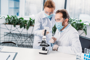 Wall Mural - scientific researchers in white coats and medical masks working together in lab