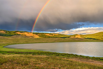 mountains lake rainbow clouds summer