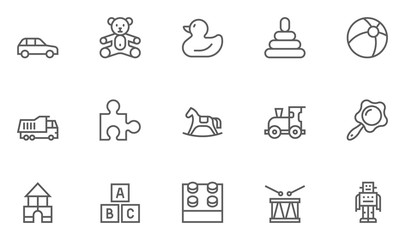 set of toys vector thin line, flat design icons with cloud, sun, rain and more. editable stroke. 48x