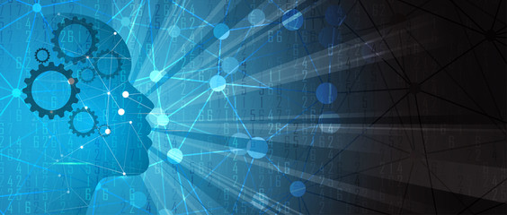Artificial intelligence with human face. Technology web background. Virtual concept.