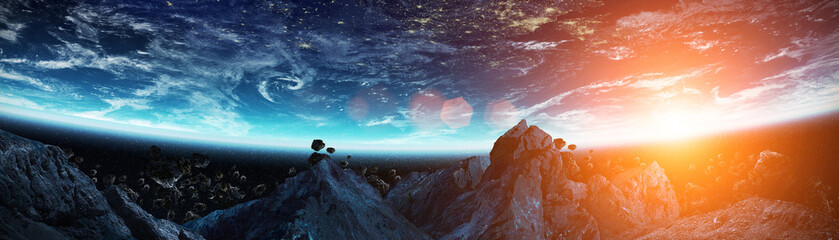 Poster - Panoramic view of planet Earth with asteroids flying close 3D rendering elements of this image furnished by NASA
