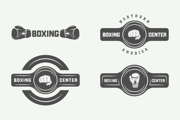 Wall Mural - Set of vintage boxing and martial arts logo badges and labels in retro style. Monochrome graphic Art. Illustration