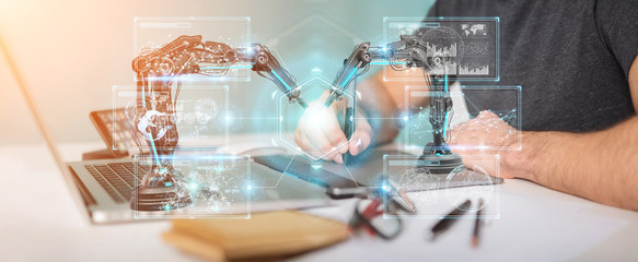 Poster - graphic designer using robotics arms with digital screen 3d rendering