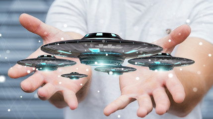 Poster - Businessman with retro UFO spaceship 3D rendering