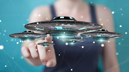 Poster - Businesswoman with retro UFO spaceship 3D rendering