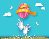Fototapeta  - Happy Easter card with banny, flowers and egg air balloon on blue sky background. Vector illustration. Paper cut and craft style.