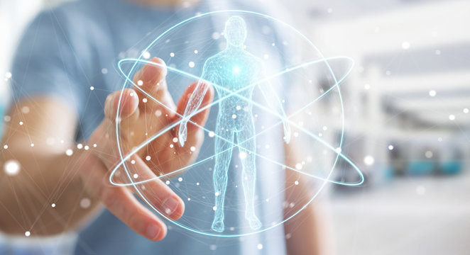 Businessman using digital x-ray human body scan interface 3D rendering