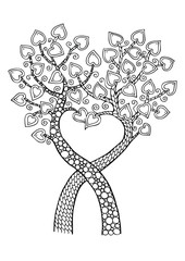 Two trees with heart. Hand drawn picture. Sketch for anti-stress adult coloring book in zen-tangle style. Vector illustration for coloring page, isolated on background.