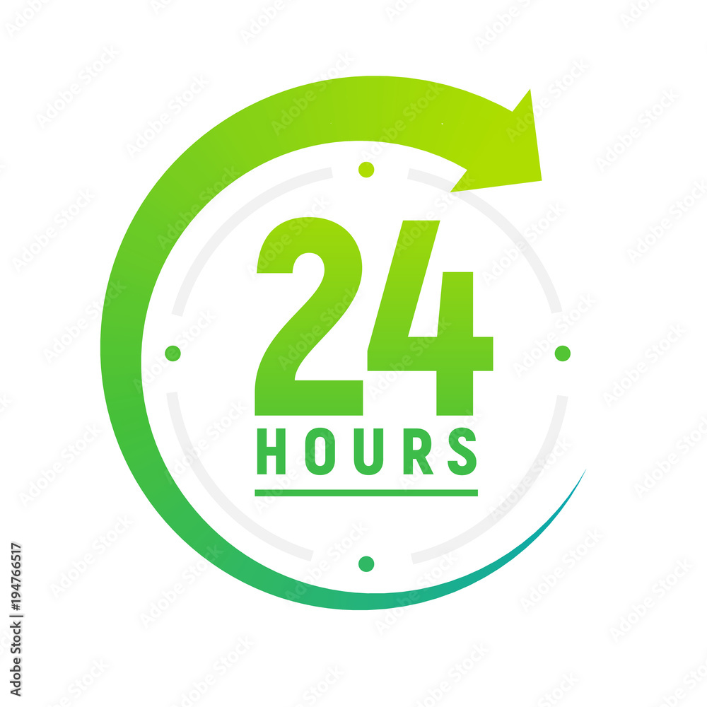 24 hours a day icon. Green clock icon around work. Service time support 24 hour per day