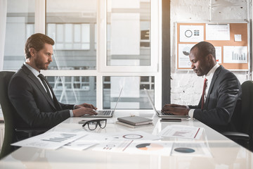 Wall Mural - Too busy. Profile of two serious businessmen are sitting at table opposite and typing on laptops with concentration. They are completely absorbed in work