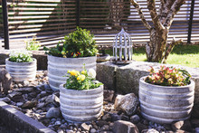 Stone Garden Arrangement With Spring Flowers In Large Concrete Plant Pots And Decorative Bird Cage And Bird Bath Details
