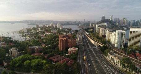 Poster - Landmarks in Sydney city on both sides of Sydney harbour towards city CBD and Harbour bridge from North Sydney high-rise towers.
