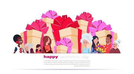 Wall Mural - International Women Day Banner With Different Ladies Over Present And Gift Boxes Stack On Template Background Flat Vector Illustration