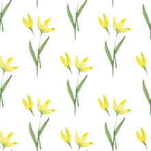 Watercolor Pattern Of Yellow Flowers With Green Leaves