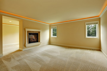 Empty Master bedroom with two sided fireplace