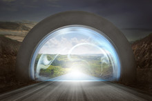 Virtual Door On Gateway Arch To Entrance Mountains Landscape