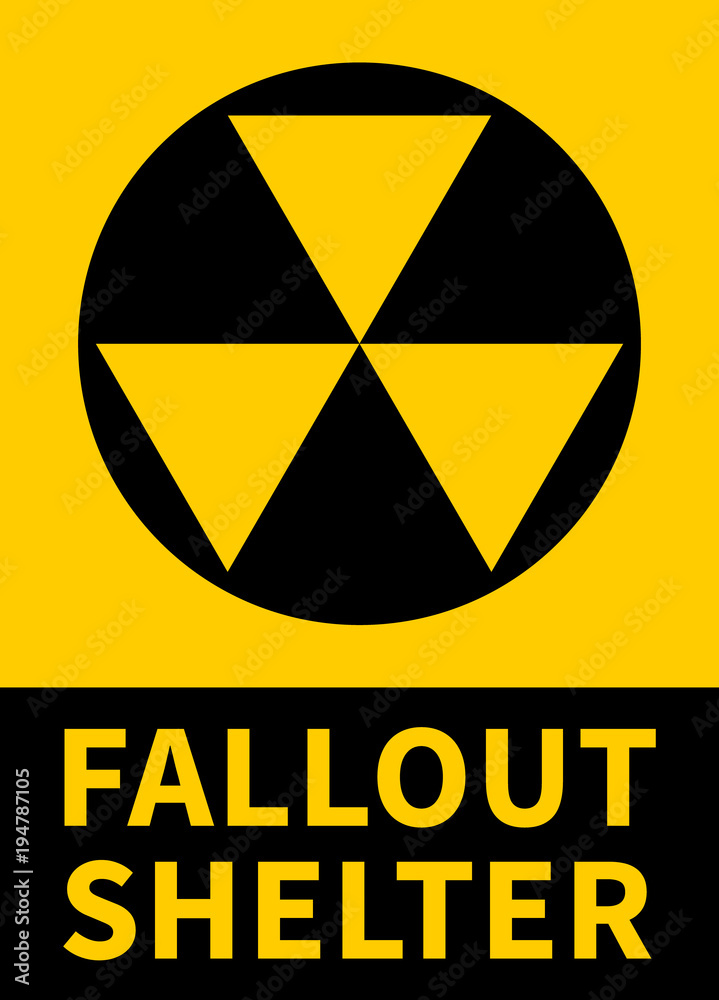 Nuclear fallout shelter flat yellow vector sign with text for print - obrazy, fototapety, plakaty 
