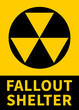 Nuclear fallout shelter flat yellow vector sign with text for print