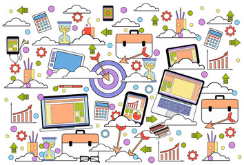 Poster - Business Icons Set On White Background Marketing, Strategy And Technology Concept Thin Line Vector Illustration